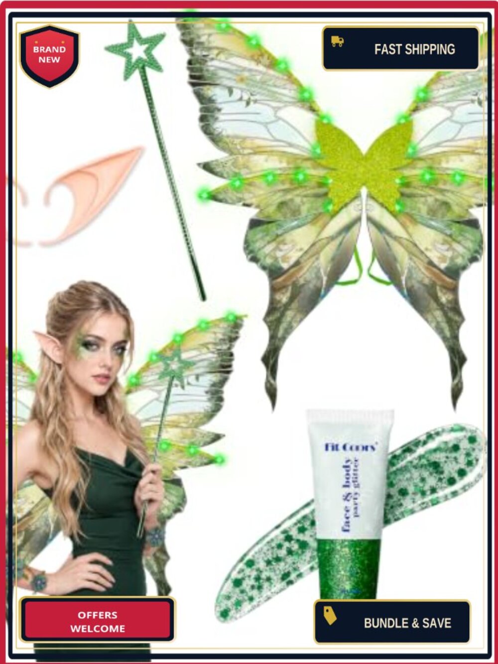 Light Up Fairy Wings Adult Halloween Costume Set Glitter Wand Elf Ears
